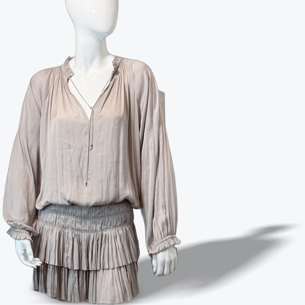 Ulla Johnson Mini Dress Long Sleeve Taupe Pleated Smocked Ruffles Size 8